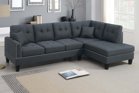 Modern Style 2pc Sectional Set Nailhead Trim Two Matching Accent Pillows Plastic Legs Left Arm Three Seat Sofa Charcoal Finish Primary Living Room
