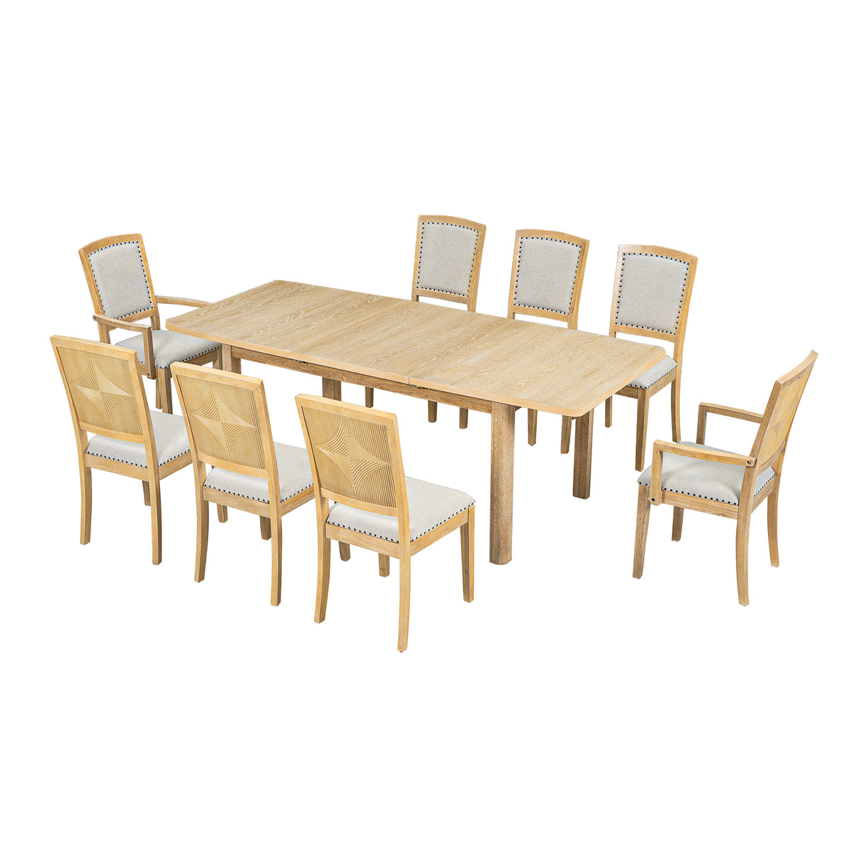 TOPMAX Rustic Extendable Dining Table Set with Removable Leaf, 6 Upholstered Armless Dining Chairs and 2 Padded Arm Chairs, Natural