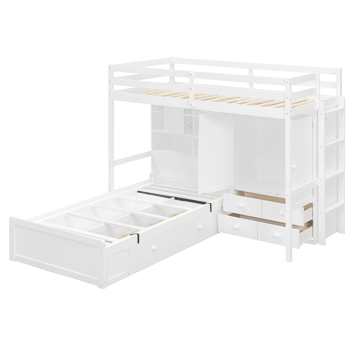 Twin Bunk Bed with Drawers, Wardrobe, Storage Shelves and Hydraulic Bed,White - sold by Home Elegance USA