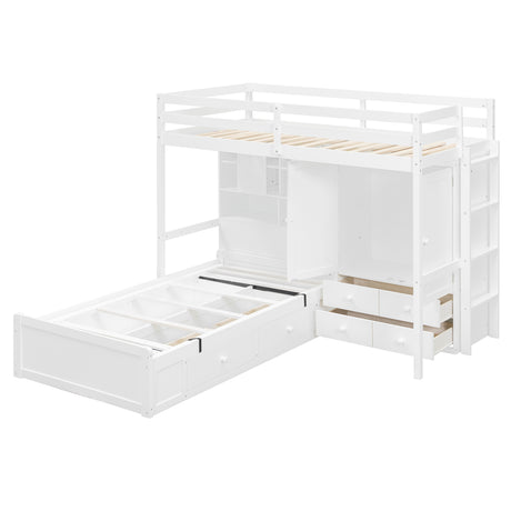Twin Bunk Bed with Drawers, Wardrobe, Storage Shelves and Hydraulic Bed,White - sold by Home Elegance USA