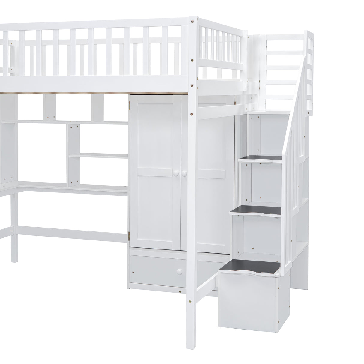 Full size Loft Bed with Bookshelf,Drawers,Desk,and Wardrobe-White - Home Elegance USA