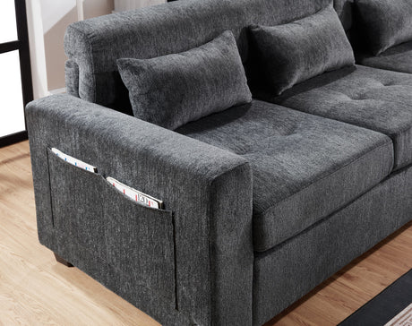 Trevi 115'W Gray Chenille Sectional Sofa with Adjustable Backrest, Charging Ports, Pockets, Tufting, Storage Ottoman, Throw Pillows - sold by Home Elegance USA