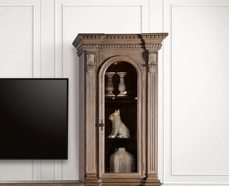 Traditional Style TV Console Base Entertainment Center With 6 Doors And 2 Drawers Carved Detail Design Dentil Moldings Reeded Posts Weather Oak Finish - sold by Home Elegance USA