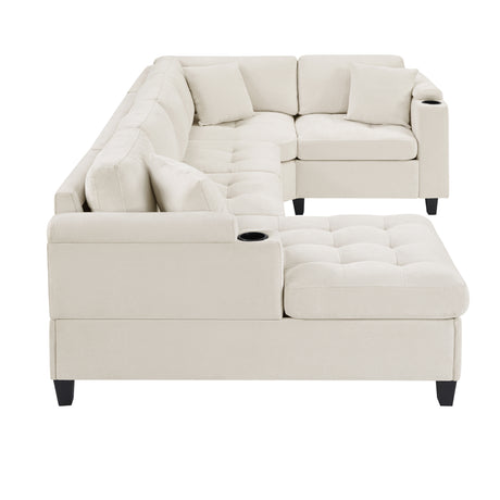 Modern U-shaped Sectional Sofa 115.7' with Built-in Cup Holders, Storage, USB Ports in Beige Chenille Fabric - sold by Home Elegance USA