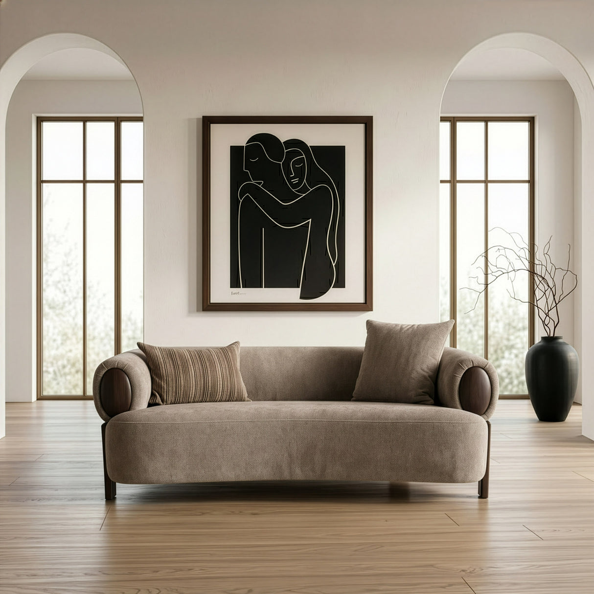 Arnaud - Modern Tan Fabric + Brown Oak Loveseat Sofa - View Image 1