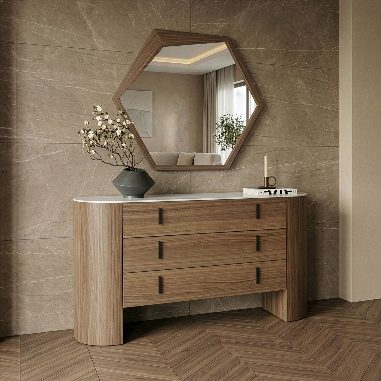 Eastern King Hortman + Chelton - Modern Beige Velvet + Walnut 4-Piece Bedroom Set