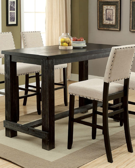 Antique Black Wooden 5pc Counter Height Dining Bar Set Table And 4x Chairs Ivory Linen Like Fabric Cushions Nailhead Trim Bar Chairs - sold by Home Elegance USA
