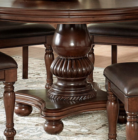 Elegant Design 5pc Dining Set Brown Cherry Finish Pedestal Base Table and 4x Side Chairs Faux Leather Upholstered Traditional Dining Room Furniture - sold by Home Elegance USA