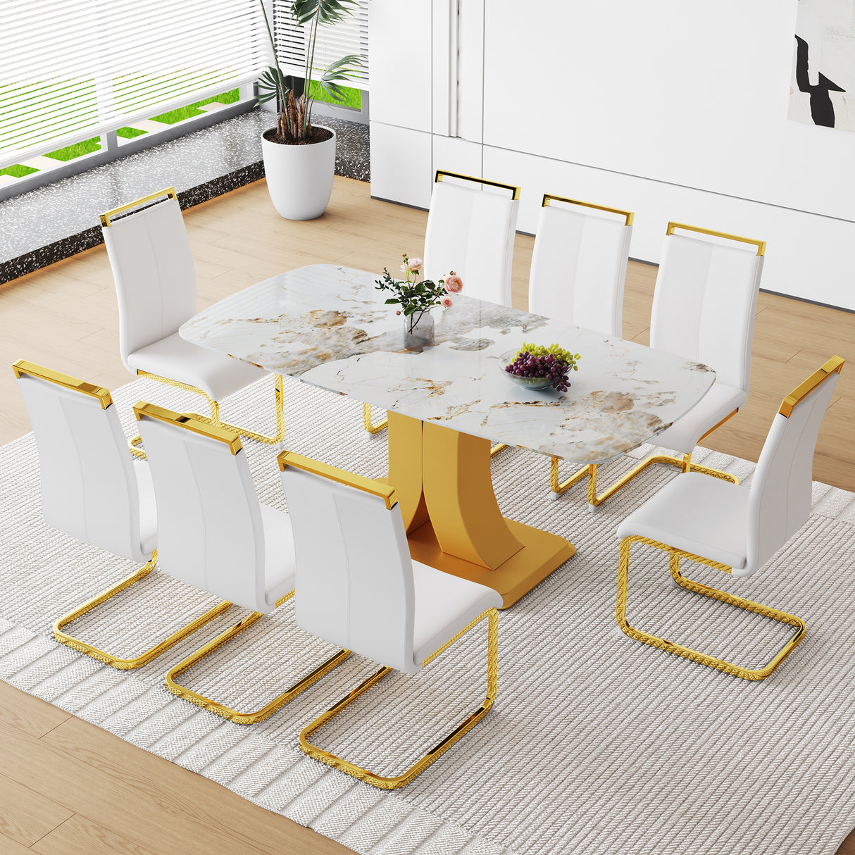 Juego de mesa y sillas. 71'x35.4'x30' Lujosa mesa de comedor de vidrio con diseño Pandora y patas de MDF en forma de C doradas adosadas. Combina con 8 sillas de PU blancas con patas de metal de tubo en C dorado.