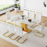 Juego de mesa y sillas. 71'x35.4'x30' Lujosa mesa de comedor de vidrio con diseño Pandora y patas de MDF en forma de C doradas adosadas. Combina con 8 sillas de PU blancas con patas de metal de tubo en C dorado.