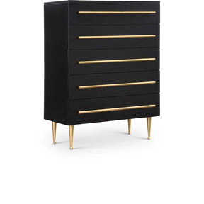 Contemporary 5-Drawer Chest with Gold Accent, 1 Piece Drawer Dresser for Bedroom, Wooden Storage Unit, Black