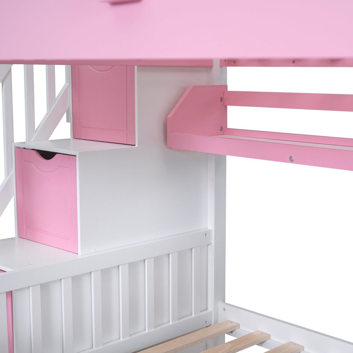 Full-Over-Full Castle Style Bunk Bed with 2 Drawers 3 Shelves and Slide - Pink - Home Elegance USA