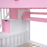 Full-Over-Full Castle Style Bunk Bed with 2 Drawers 3 Shelves and Slide - Pink - Home Elegance USA