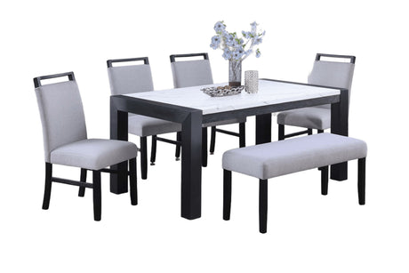 Modern Style Dining Table 4x Side Chairs Dining Bench White Faux Marble Top Table Bench 4x Chairs Wooden 6pc Dining Set - sold by Home Elegance USA