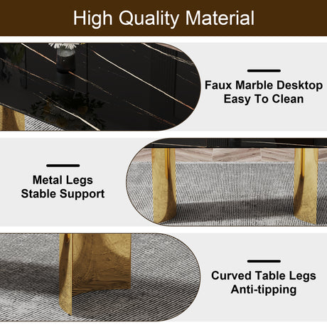 Table and chair set.The table has a glass top with imitation marble pattern stickers and stainless steel golden legs. Paried with 6 White and Dark Gray Spliced Color PU Dining Chairs. W1151S01558 - sold by Home Elegance USA
