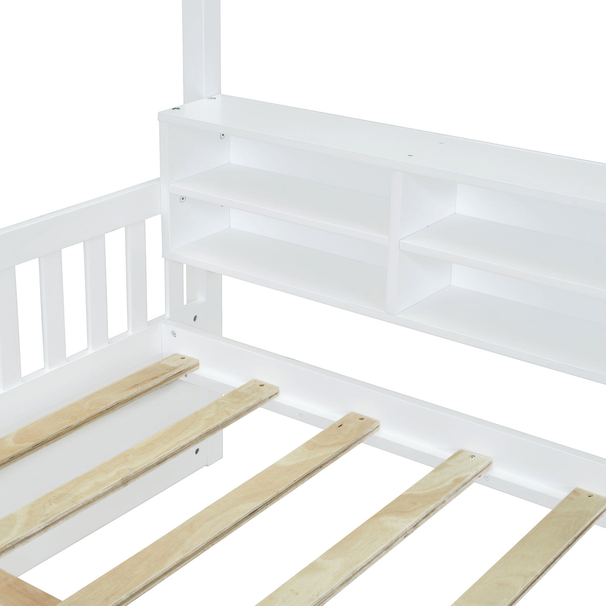 Full Size Wooden House Bed with Shelves and a Mini-cabinet, White - Home Elegance USA