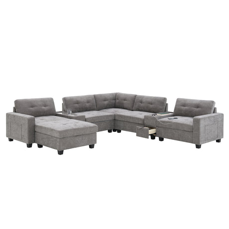 Modern Chenille U-Shaped Sectional Sofa with Acrylic Table Top, USB Charger, Storage Drawers, and Movable Ottoman in Gray - sold by Home Elegance USA