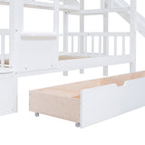 Twin-Over-Twin Castle Style Bunk Bed with 2 Drawers 3 Shelves and Slide - White - Home Elegance USA