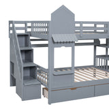 Full-Over-Full Castle Style Bunk Bed with 2 Drawers 3 Shelves and Slide - Gray(OLD SKU:LT000558AAE-2) - sold by Home Elegance USA