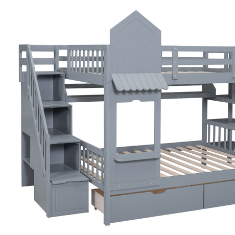 Full-Over-Full Castle Style Bunk Bed with 2 Drawers 3 Shelves and Slide - Gray(OLD SKU:LT000558AAE-2) - sold by Home Elegance USA