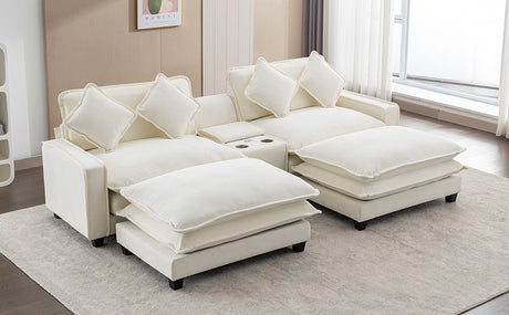 Chenille Upholstered Sectional Sofa with Removable Ottoman, USB Ports, Cup Holders, and Storage, Beige, 111' - sold by Home Elegance USA