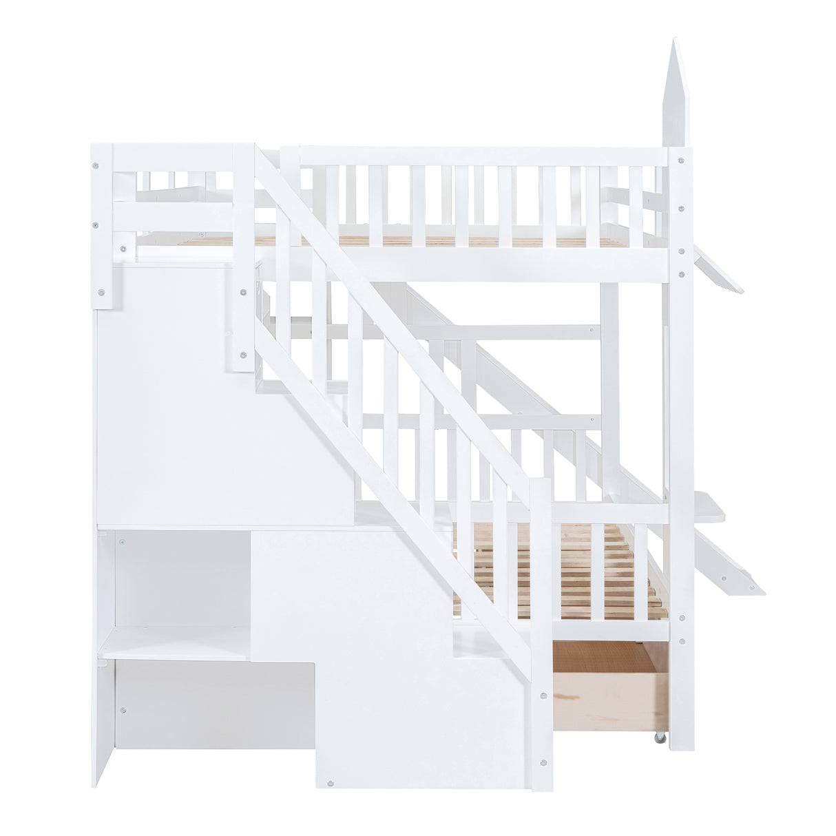 Full-Over-Full Castle Style Bunk Bed with 2 Drawers 3 Shelves and Slide - White - Home Elegance USA