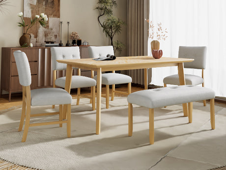 6 Piece Dining Room Table Set, Rustic Farmhouse Dining Room Rectangular Table with 4 Upholstered Chairs and Bench, Solid Wood Kitchen Dining Table Set for 6 Persons (Easy Assembly, Natural Wood Wash) - sold by Home Elegance USA