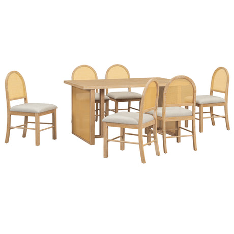 TREXM 7-Piece Farmhouse Dining Table Set for 6 - 59.8' Rectangular Dining Table with Distressed Oak Veneer and 6 Rattan Chairs, Rustic Kitchen Furniture for Dining Room(Natural) - sold by Home Elegance USA