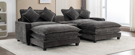 Modern Chenille Upholstered Sectional Sofa with Ottomans, USB Ports, Cup Holders, and Storage in Grey - sold by Home Elegance USA