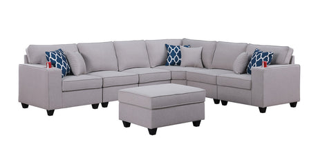 Cooper 125' Light Gray Linen 7Pc Reversible L-Shape Sectional Sofa with Ottoman and Cupholder - sold by Home Elegance USA