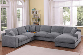 Celine 128'W Light Gray Chenille Fabric Corner Sectional Sofa with Right-Facing Chaise, Cupholders, and Charging Ports - sold by Home Elegance USA