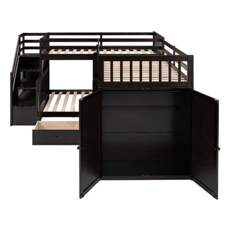 Twin-Twin over Full L-Shaped Bunk Bed With 3 Drawers, Portable Desk and Wardrobe, Espresso(OLD SKU:LT100542AAP) - sold by Home Elegance USA