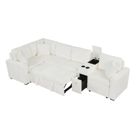 120.5' L-shaped Convertible Sofa Bed Modular Sectional Sofa Reversible Sleeper with Pull-Out Bed, Cup Holders, and Ample Storage Space for Living Room(Old SKU:N719S001940K), White - sold by Home Elegance USA