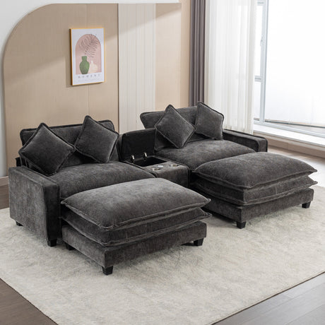 Modern Chenille Upholstered Sectional Sofa with Ottomans, USB Ports, Cup Holders, and Storage in Grey - sold by Home Elegance USA