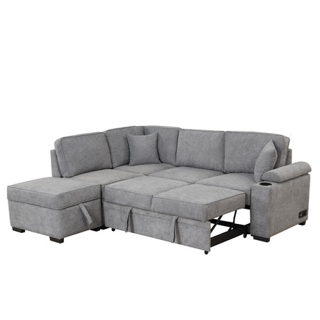 Modern Sleeper Sofa Bed with Storage Ottoman, Gray Linen, 84.75' L Shape Couch for Living Room or Apartment - sold by Home Elegance USA