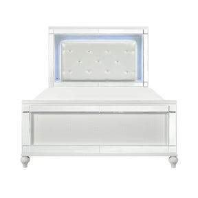 Metallic White Finish Queen Bed LED Headboard Button-Tufted Modern Glam Bedroom Furniture