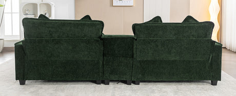 Chenille Upholstered 111' Sectional Sofa with Two Removable Ottomans, USB Ports, Cup Holders, and Storage, Green - sold by Home Elegance USA