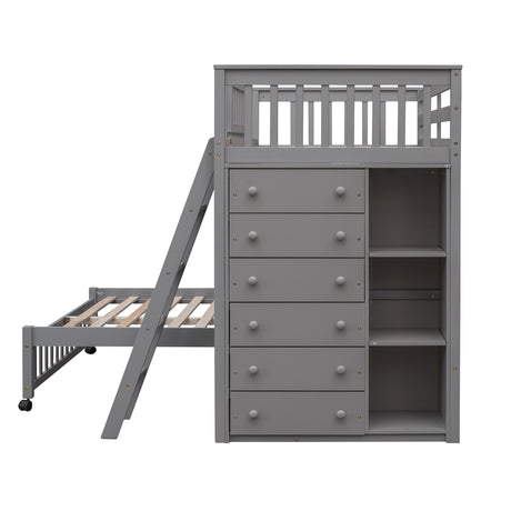 Wooden Twin Over Full Bunk Bed With Six Drawers And Flexible Shelves,Bottom Bed With Wheels,Gray(OLD SKU:LP000531AAE) - sold by Home Elegance USA