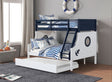 Twin Over Full Bunk Bed Modern Novelty Style Attached Ladder Upper Bed Rails And Lock Joint Structure For Safety Slat Kit Blue / White Finish Trundle Included - sold by Home Elegance USA