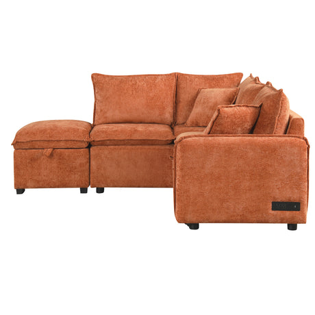 Convertible L-shaped Sofa Bed with Storage Ottoman, Power Sockets & USB Ports, Orange Chenille, 82.67' - sold by Home Elegance USA