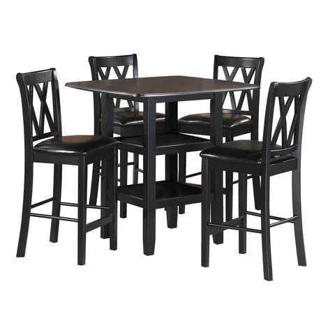 Black Finish 5pc Counter Height Set Dining Counter Height Table with Lower Shelves and 4x Chairs Set Faux Leather Upholstered Kitchen Dining Furniture - sold by Home Elegance USA