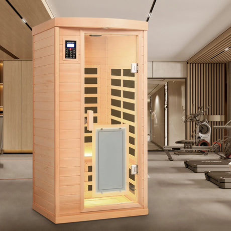 Low EMF Hemlock Far-Infrared Indoor Sauna with Heating Panels – One Person - sold by Home Elegance USA