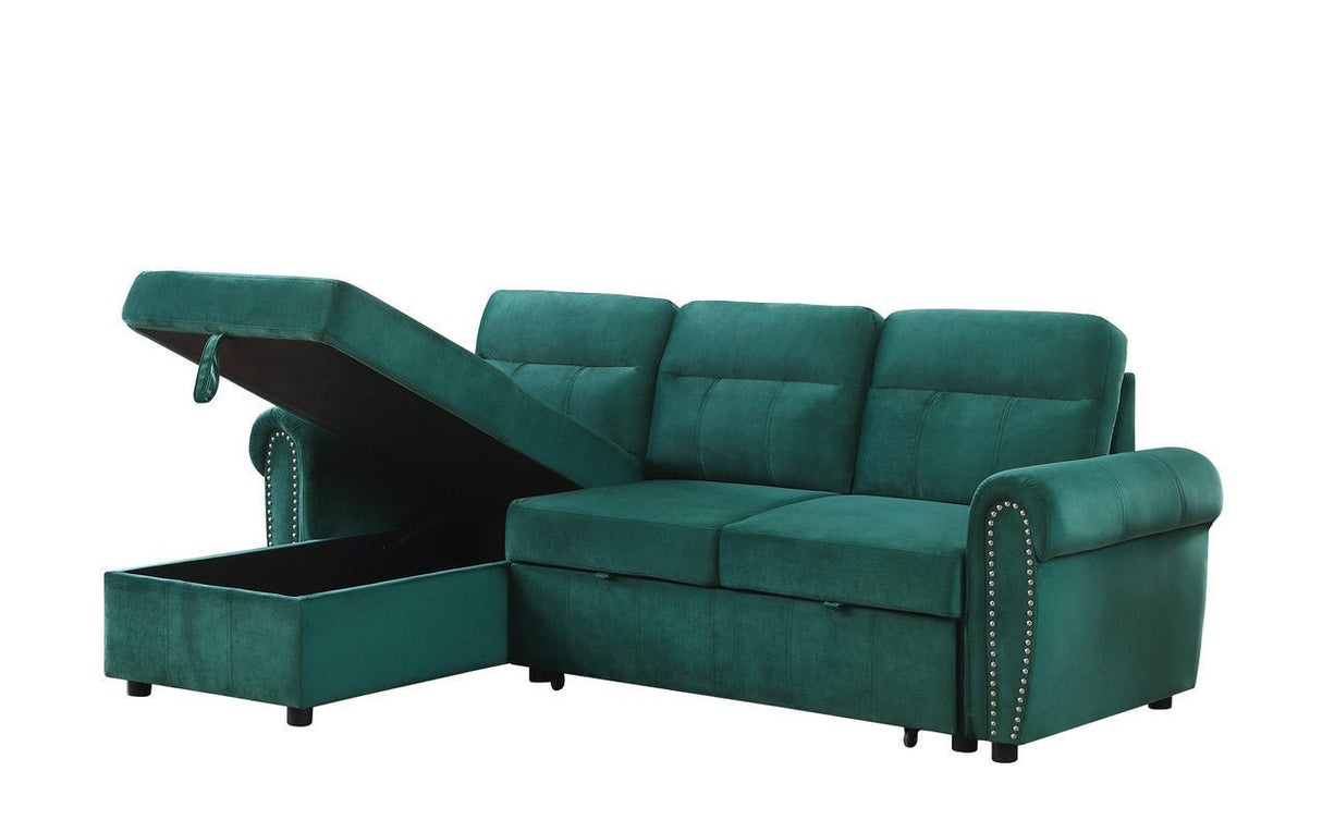 Ashton Green Velvet Fabric Reversible Sleeper Sectional Sofa Chaise | Home Elegance USA