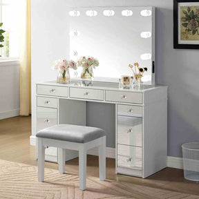 Contemporary Style 1pc Vanity w/ Stool Set Glass Top Storage Drawers Central Mirror w/ Bulbs USB And Power Outlet White and Gray Finish