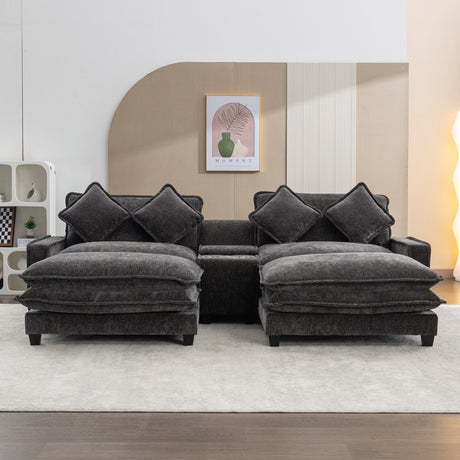 Modern Chenille Upholstered Sectional Sofa with Ottomans, USB Ports, Cup Holders, and Storage in Grey - sold by Home Elegance USA