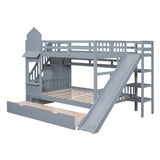 Full-Over-Full Castle Style Bunk Bed with 2 Drawers 3 Shelves and Slide - Gray - Home Elegance USA