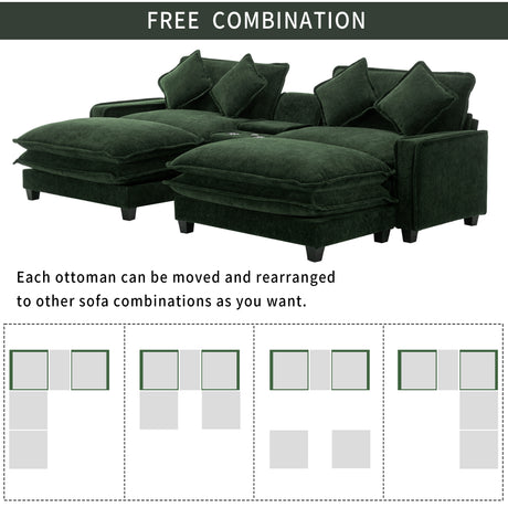 Chenille Upholstered 111' Sectional Sofa with Two Removable Ottomans, USB Ports, Cup Holders, and Storage, Green - sold by Home Elegance USA