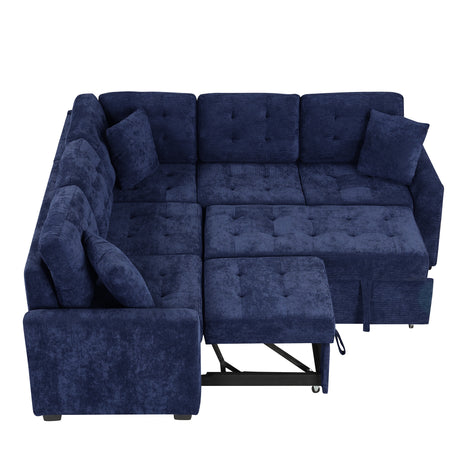 Navy Blue L-shape Sofa Bed with Pull-out Sleeper, USB Ports, Power Sockets, Corded Velveteen, 82.6' - sold by Home Elegance USA