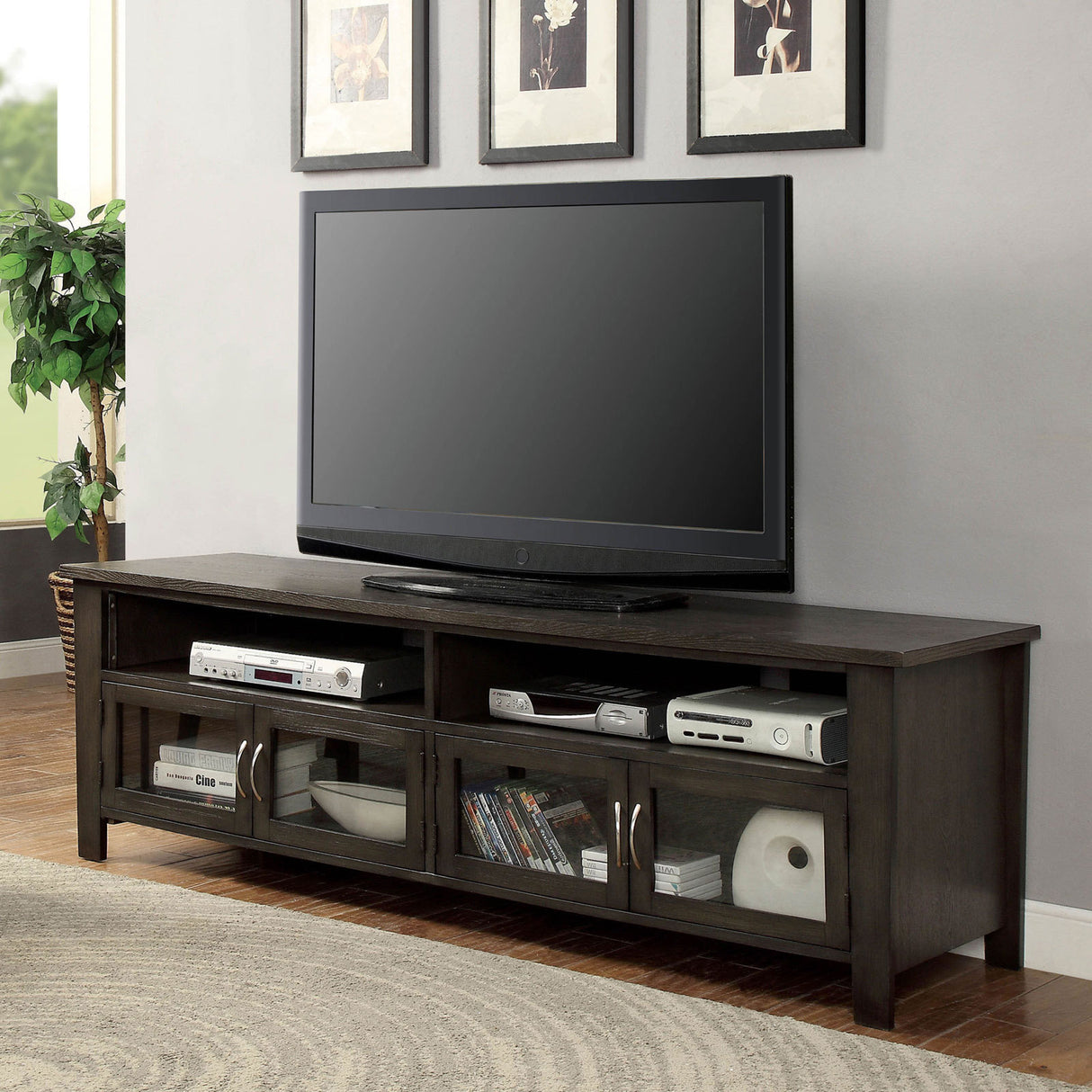 Transitional Style TV Console Base With Dual Cabinet And Two Open Shelves 3mm Tempered Glass On Cabinet Doors Rear Wearing Access Gray Finish