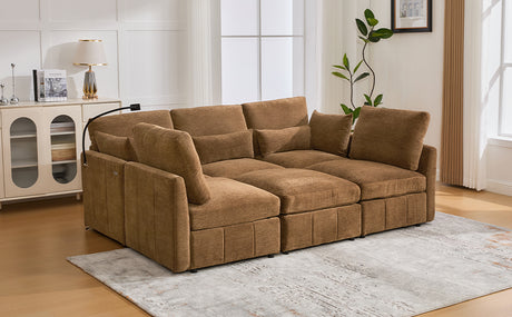 Modern Sectional Sofa Modular Sofa 85.4' U-shaped Sofa Couch with Movable Ottoman, USB Ports, Phone Holder, Brown Chenille - sold by Home Elegance USA